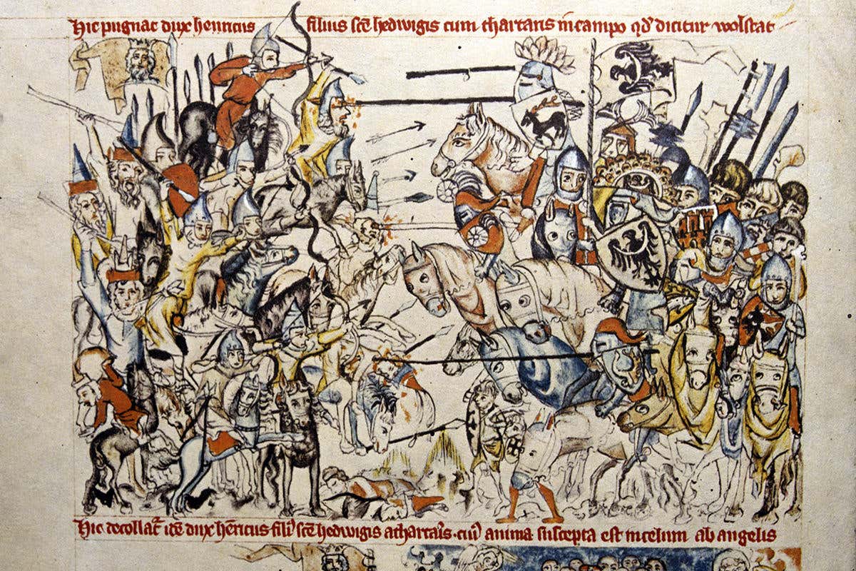 Illustration with calligraphy top and bottom showing two medieval armies facing off