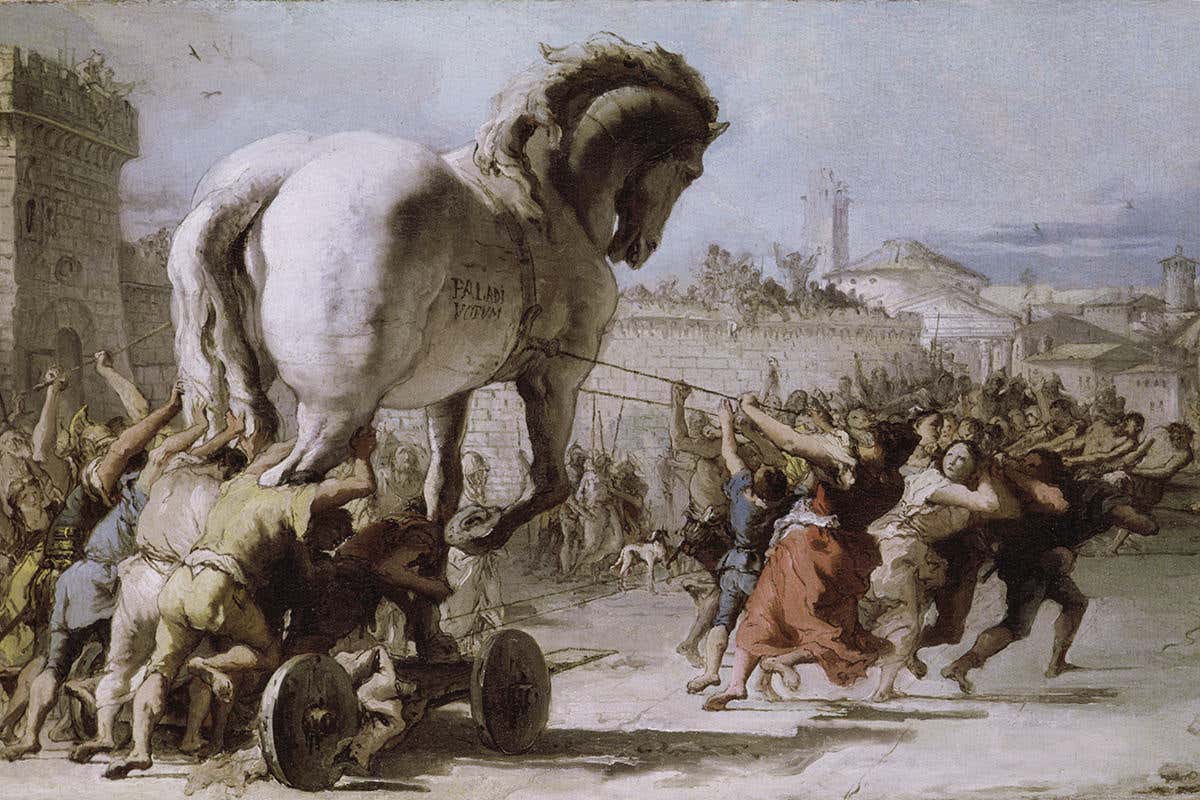 The Trojan horse being dragged into the city of Troy