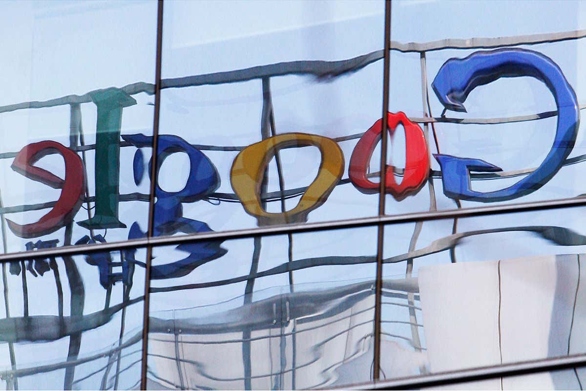 A wobbly image of Google's logs on a building