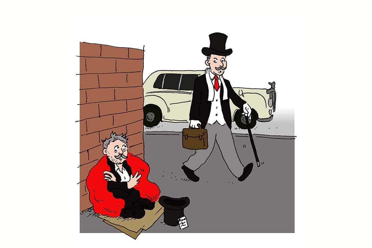 Cartoon of rich man walking past beggar, but both have the same face