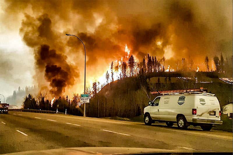 Van parked beneath burning hillside