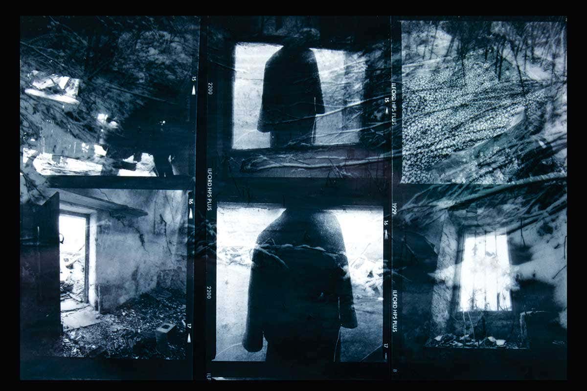 Photographic contact sheet showing images of a doorway, a hanging coat and a window in a derelict house
