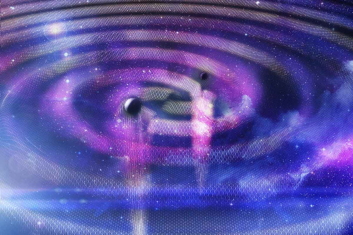 An artistic impression of the path of two black holes as they spiral towards each other