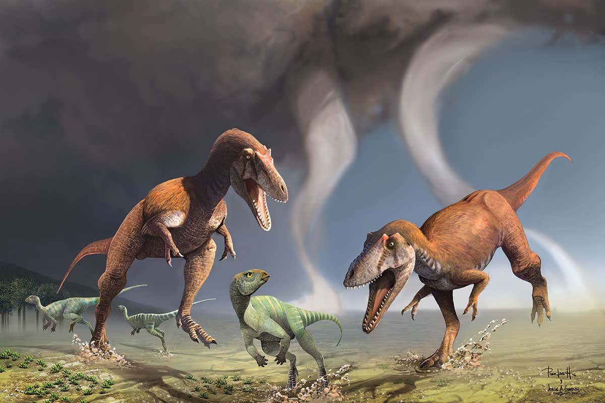 Artist's impression of two T. rex chasing smaller dinosaurs