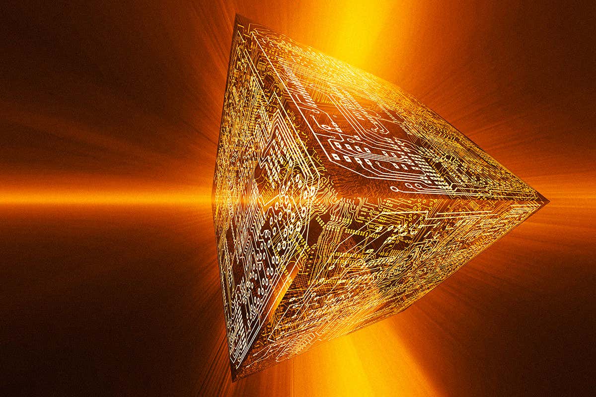 Artwork showing a cube bearing circuitry and with light beams apparently playing on it