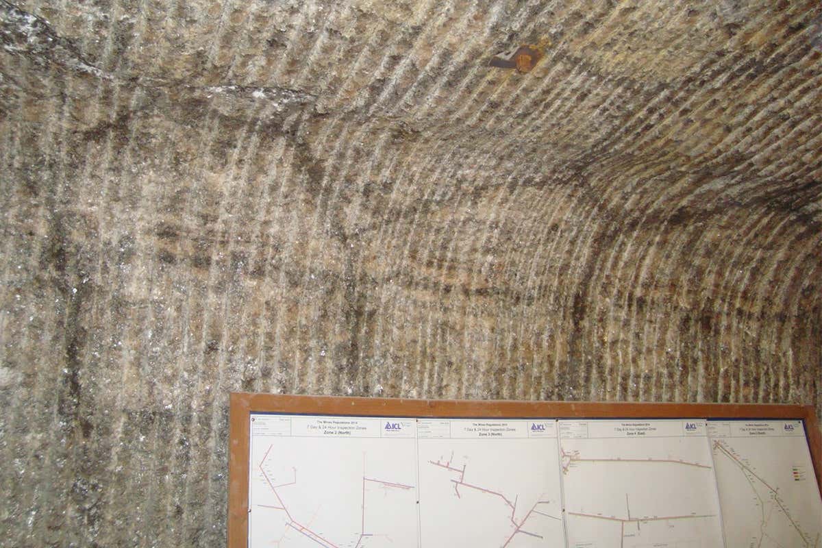 The honeycomb-like pattern made out of salt crystals on the wall of the mine