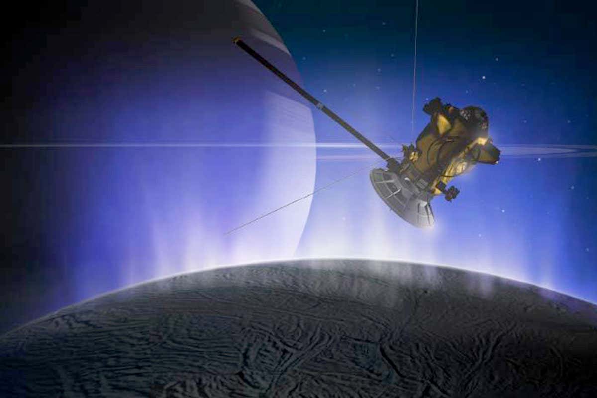 Artist's impression of Cassini passing through plumes from Enceladus