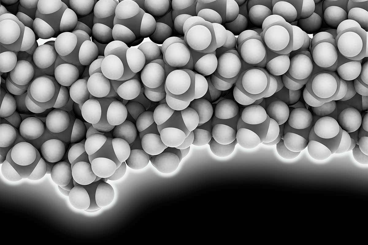 Molecular model of the thermoplastic polymer polypropylene, consisting of long chains of the monomer propylene