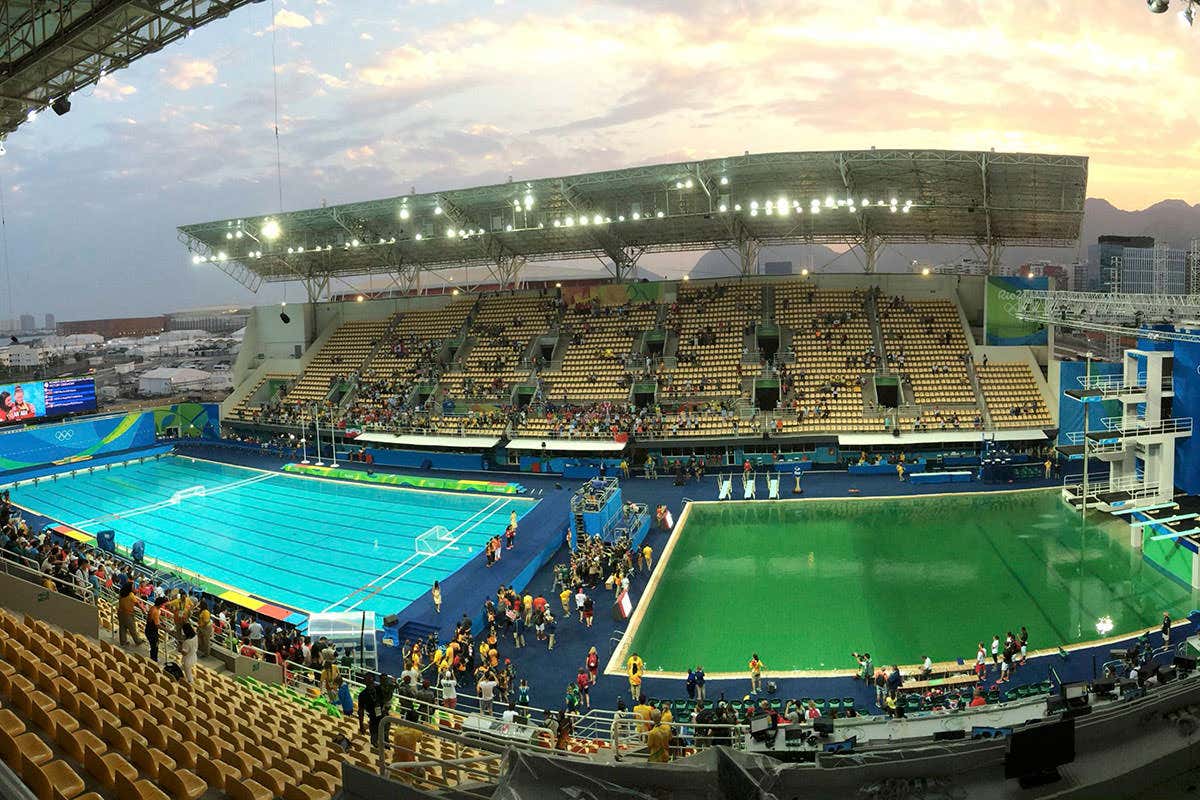 The Rio Olympic pools - one is green, one is blue