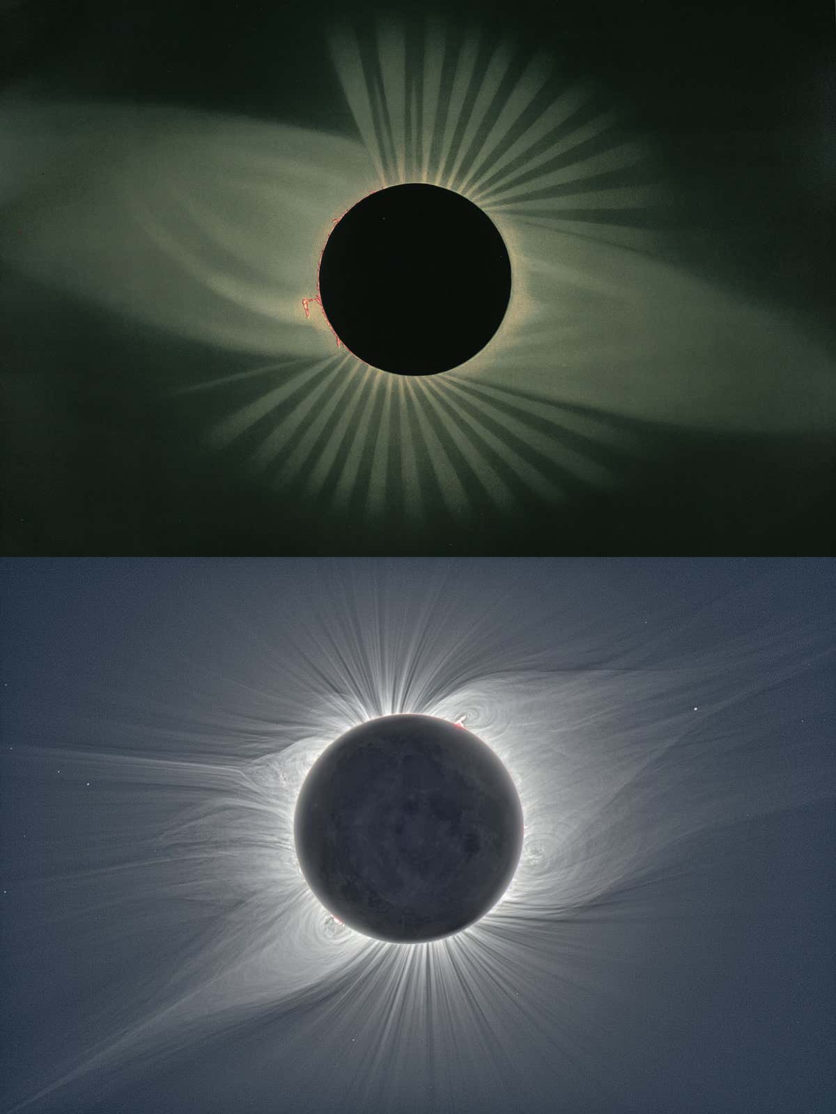 Top: Chromolithograph of the total eclipse of 1878, observed July 29 1878, Creston, Wyoming Territory - Etienne Trouvelot; Bottom: solar image (2008) - Miloslav Druckmuller, Peter Aniol and Vojtech Rusin