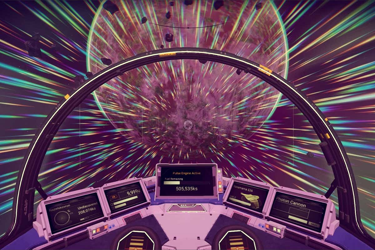View from the cockpit of a spaceship in the game, travelling between worlds