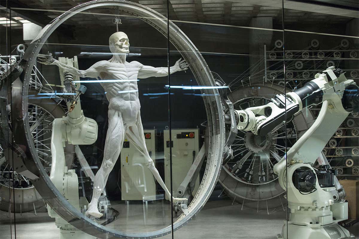 A scene from the TV show Westworld with an android being manufactured