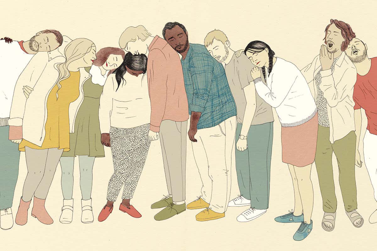 Artwork of a group of people sleeping on each other's shoulders