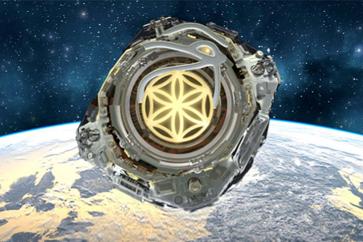 Mock-up of satellite over Earth