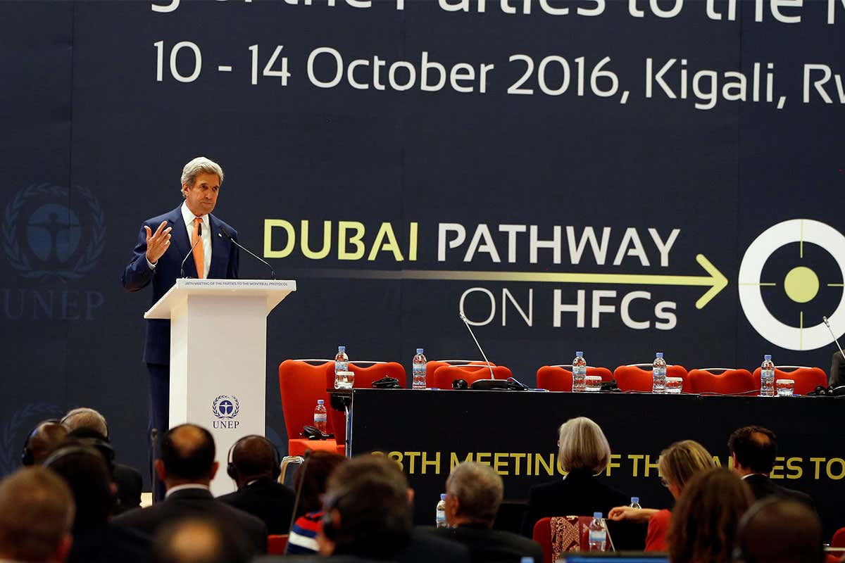 US secretary of state John Kerry at the podium in Kigali, Rwanda