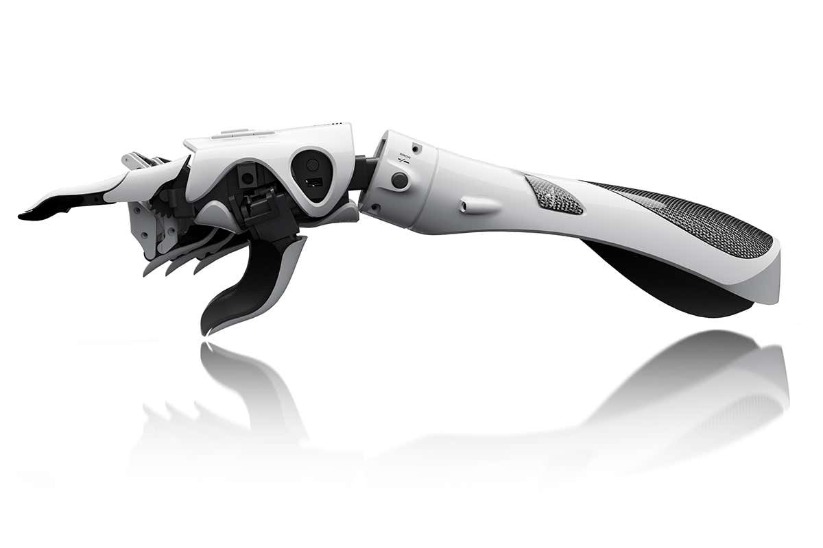 A futuristic-looking bionic hand pointing to the left of the image