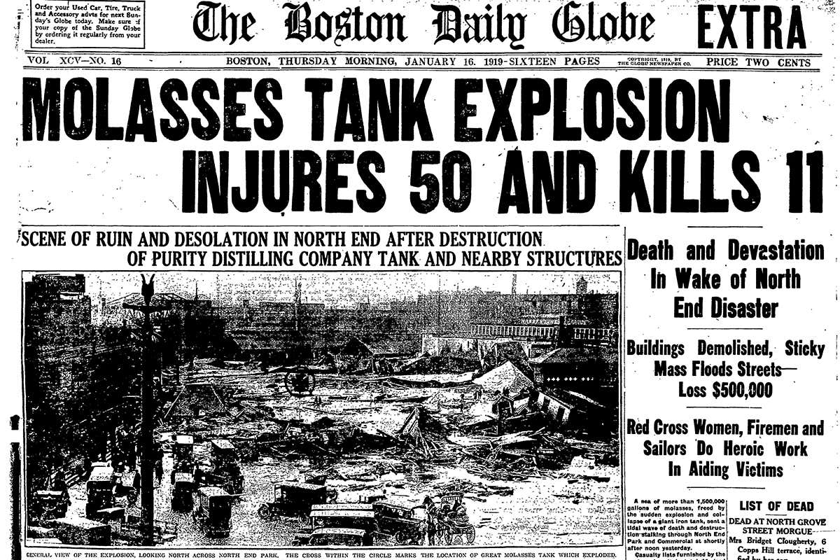 Front page of the Boston Dail Globe with a headline about the Boston molasses flood