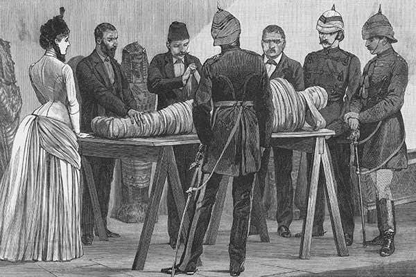 Drawing of Unwrapping Ancient Egyptian Mummies In the Boulak Museum At Cairo