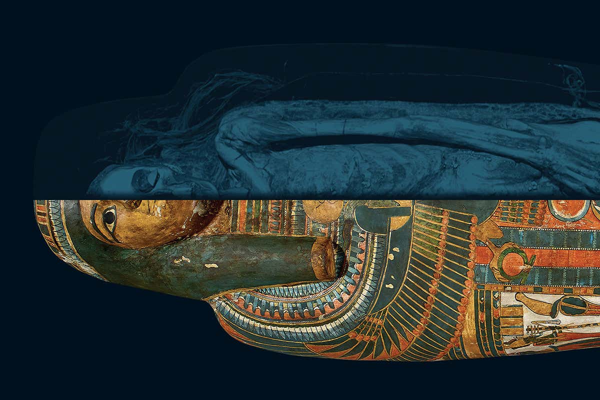 Image split between an ancient Egyptian sarcophagi and a scan of the mummy within