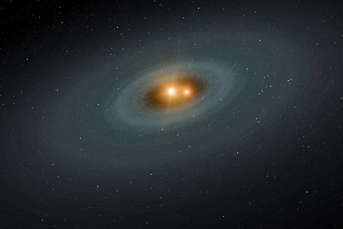 Artists rendition of a binary star with a disc of dust around it
