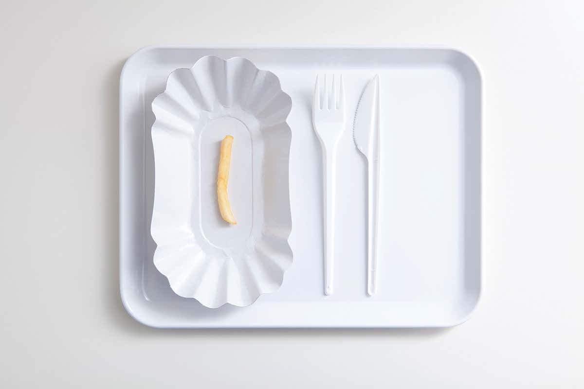 A single French fry on a paper plate with plastic cutlery beside it