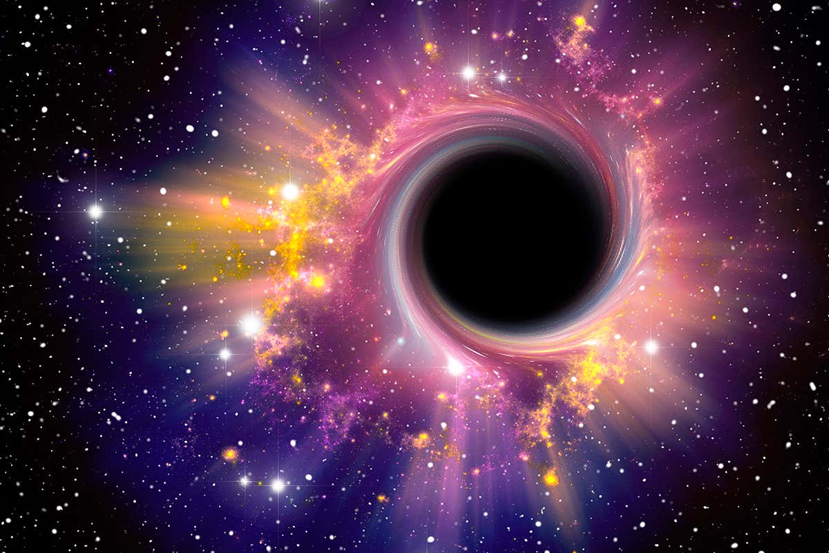 Artwork depicting conventional black hole with brightly coloured matter swirling around it