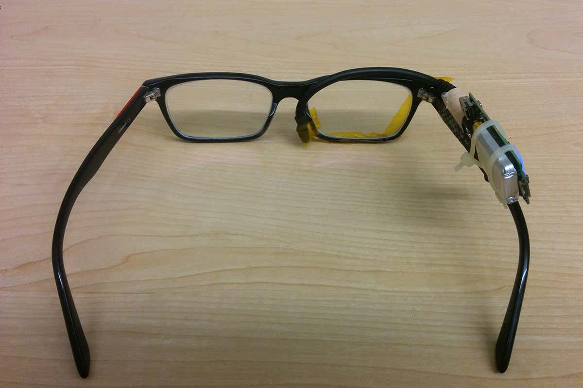 A pair of glasses with an accelerometer attached