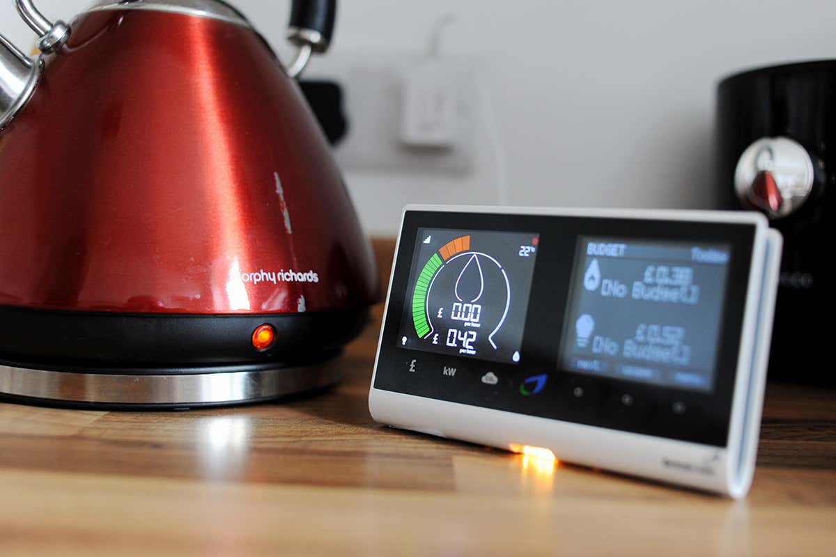 Red kettle pictured with smart electricity monitoring scheme