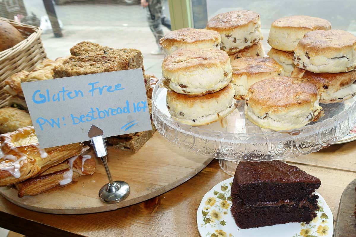 Display of cakes and scones with gluten-free label