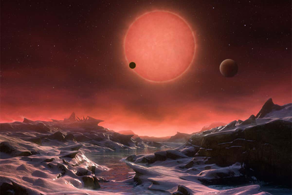 Artists impression of an alien skyscape with nearby planets large in the sky