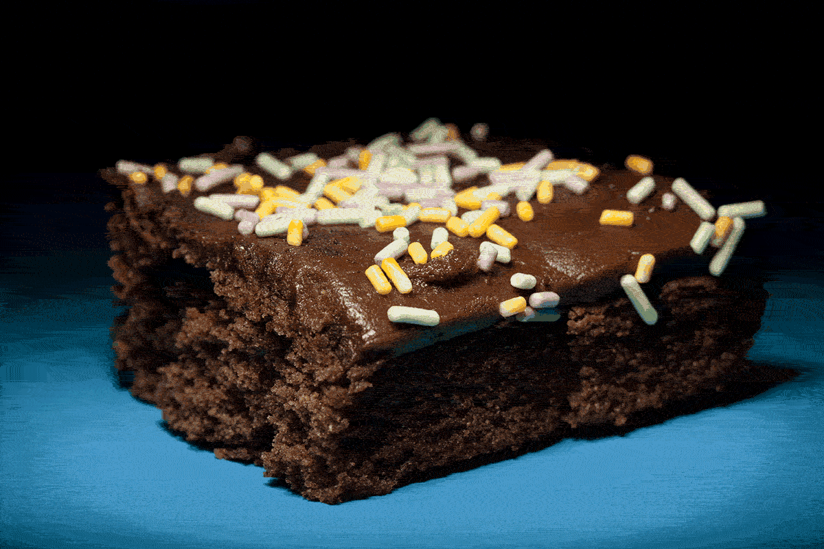 A square of chocolate cake