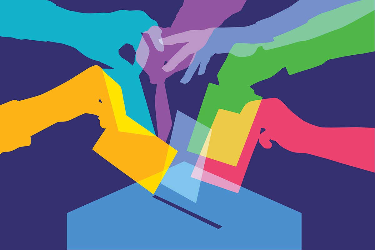 Graphic of hands putting votes in a ballot box