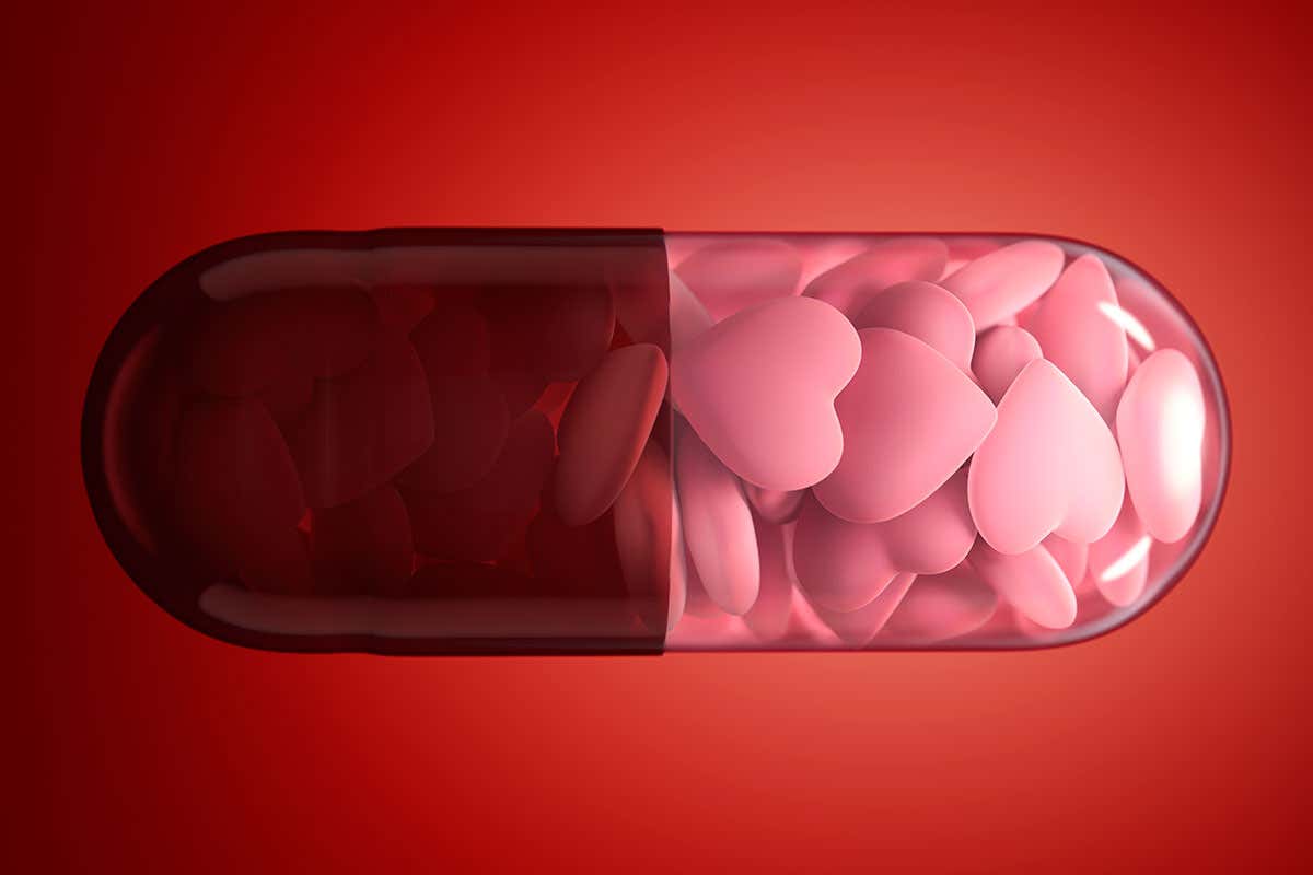 A pill capsule full of hearts