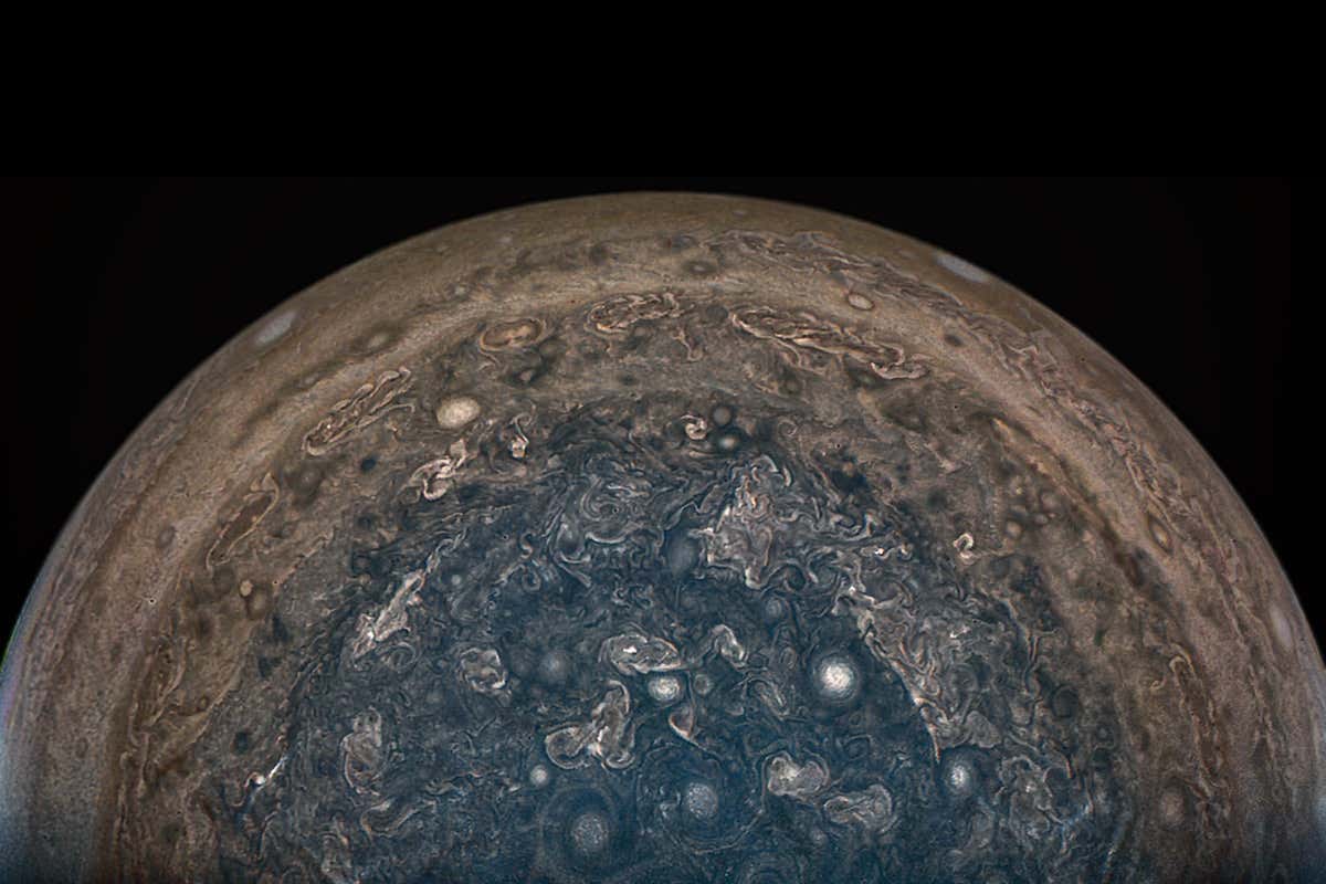 Jupiter's south pole showing swirly storms
