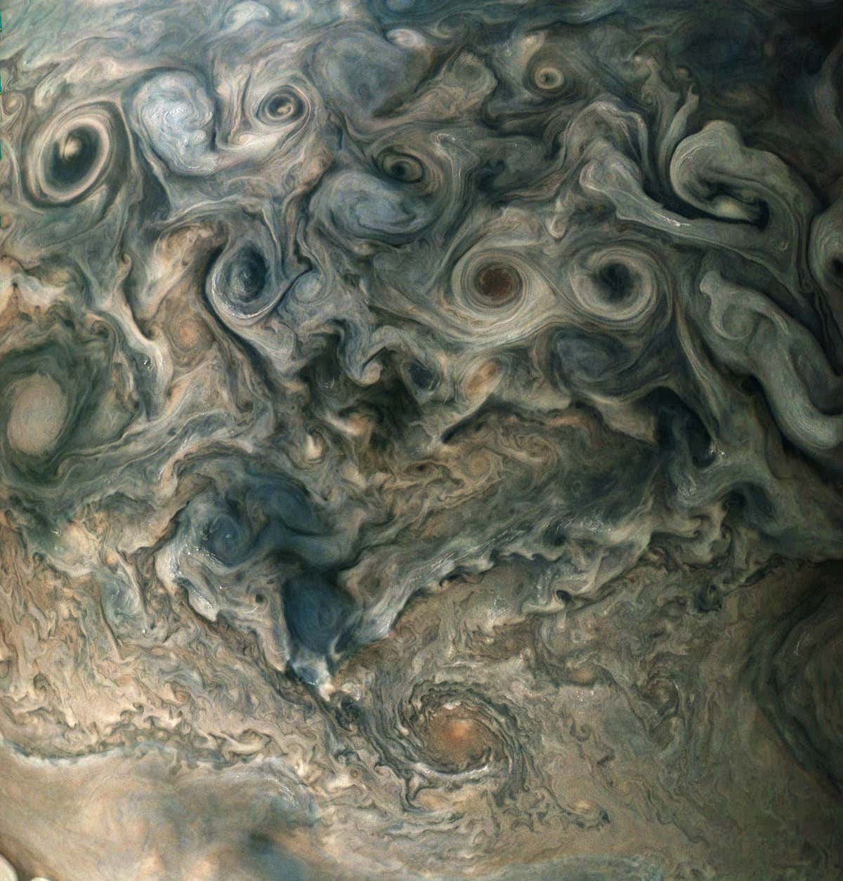 Swirling patterns above Jupiter's north pole as captured by Juno