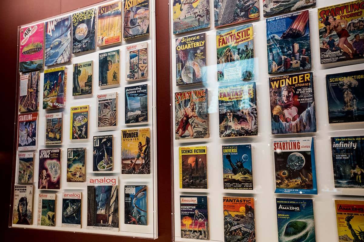 Sci-fi magazine covers in Into the Unknown exhibition
