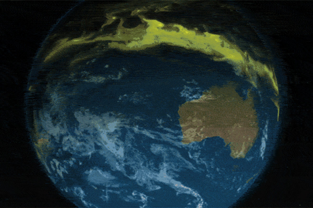 Animation showing ozone-harming chemicals moving from low to high latitudes