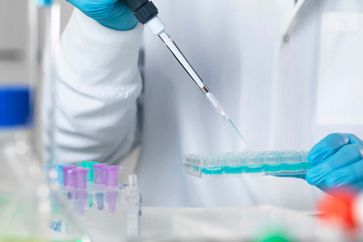 Pipette over small vials of blue liquid