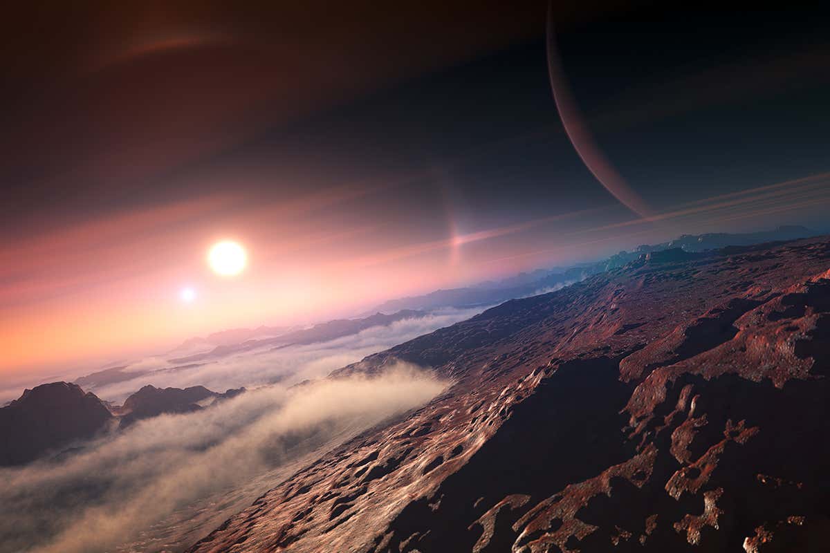 A possible view on an alien world: mountaintops poking through mist and two suns visible in the sky