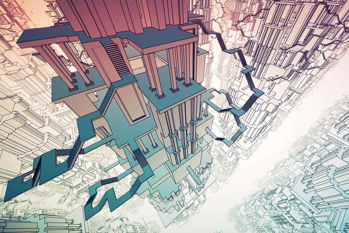 An impossible, Escher-like tangle of stairs that sem to carry on down infinitely