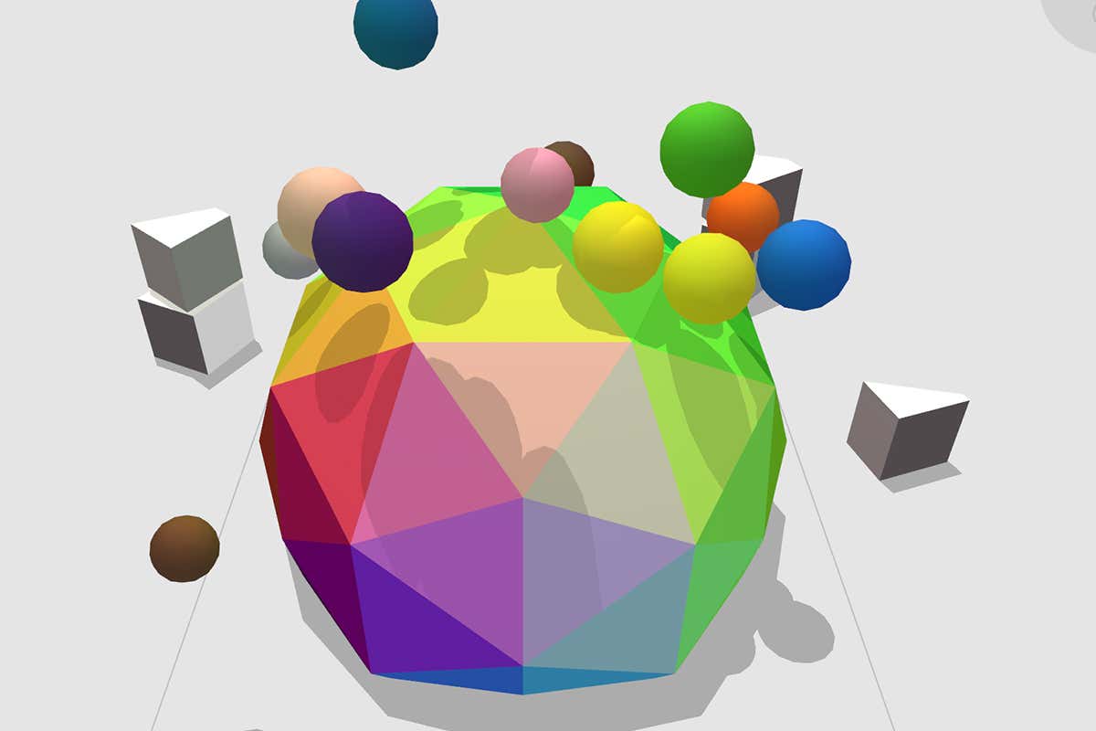 A brightly coloured polygon with colourful spheres dropping onto it