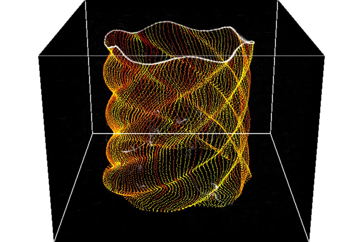 Two spiral vortices leapfrogging one another, shown as glowing lines of particles