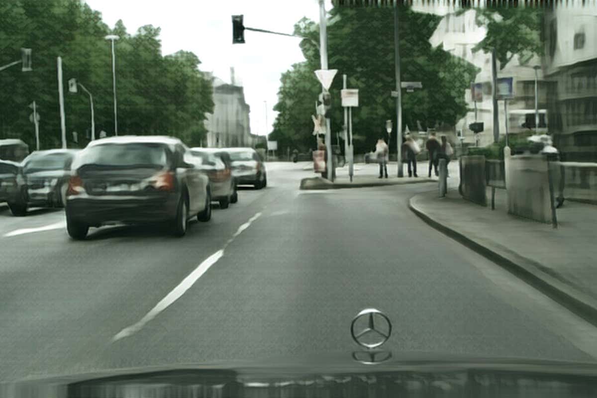 AI-created scene showing driver's eye view from a Mercedes car in a town centre