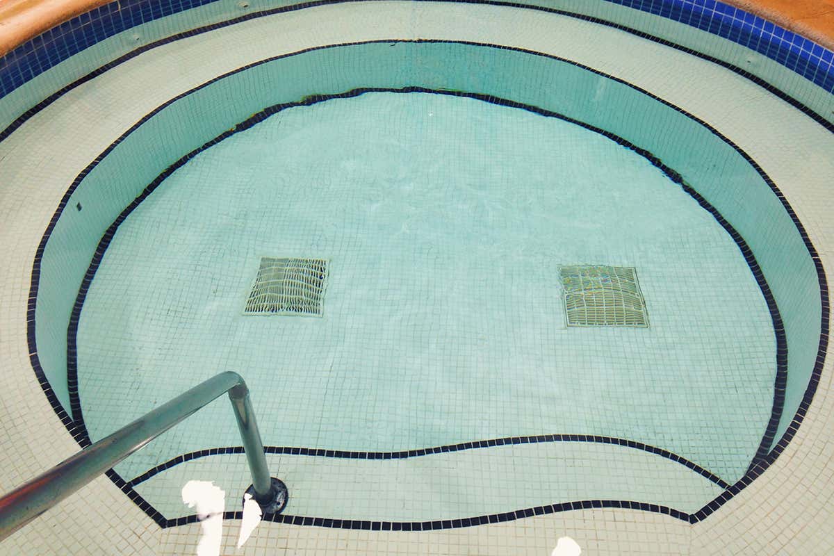 Swimming pool vents and steps resemble eyes and mouth