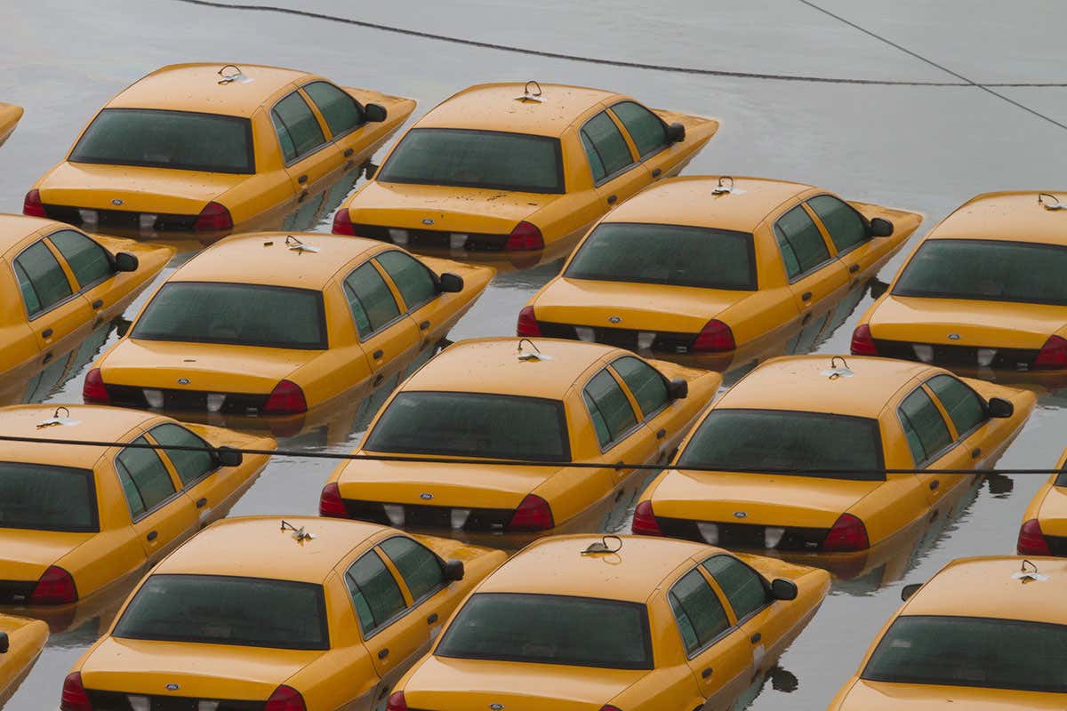 NY cabs in flooded lot