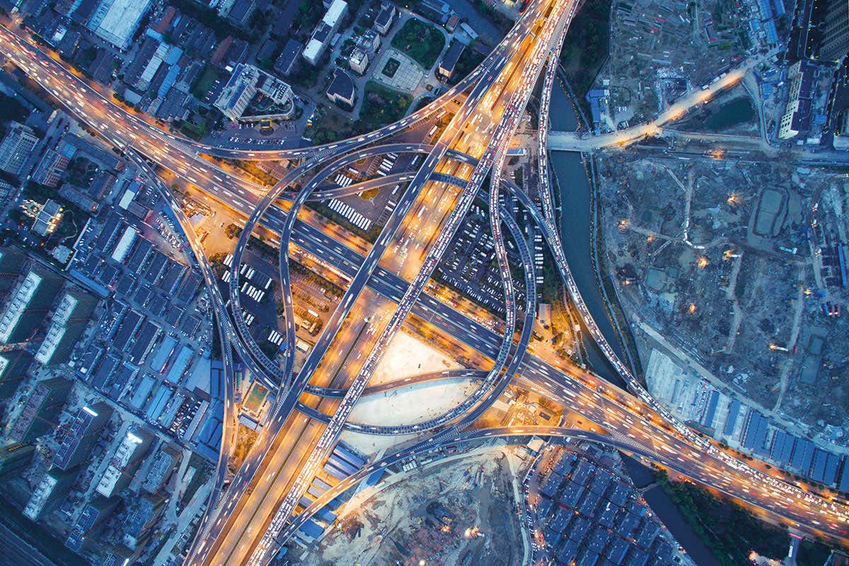 Aerial view of a busy junction in a city