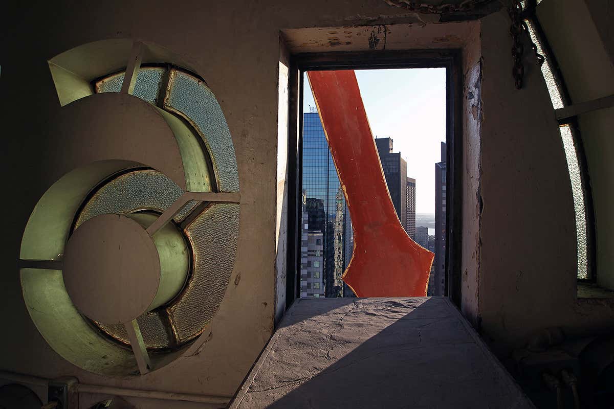 View looking out from inside the face of a clock tower