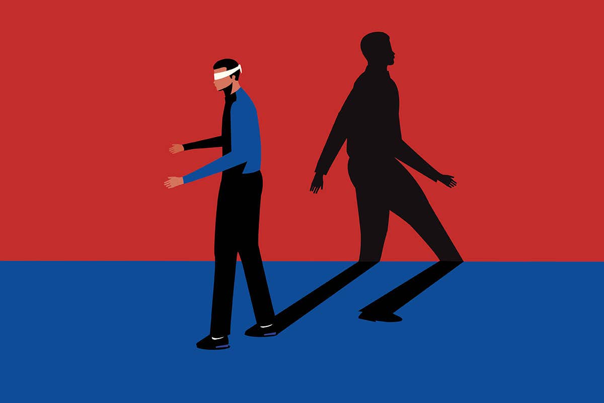 Illustration of blindfolded man with a shadow walking confidently in the opposite direction
