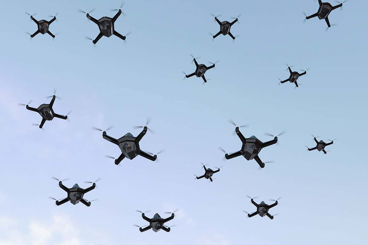 An artist's rendition of a swarm of drones