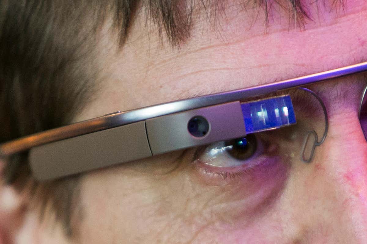 Close-up of a person's face wearing the Google Glass